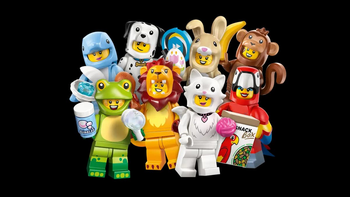 Gruppo delle minifigure principali: delfino, rana, leone, dalmata, pesce, coniglietto, gatto, pappagallo e scimmia